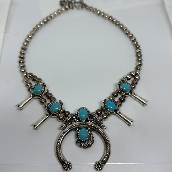 Sterling Silver Squash Blossom Necklace with Turquoise, Signed AW - Picture 1 of 13